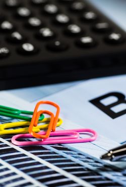 Kalkulator, šarene spajalice, kemijska olovka i dokument na kojem piše Business