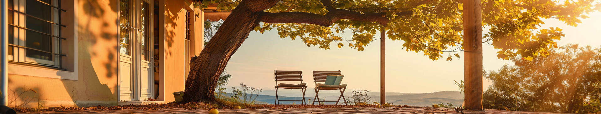 Terasa obiteljske kuće u toplom popodnevnom svjetlu s dvije stolice ispod drveta i pogledom na brežuljke u daljini.